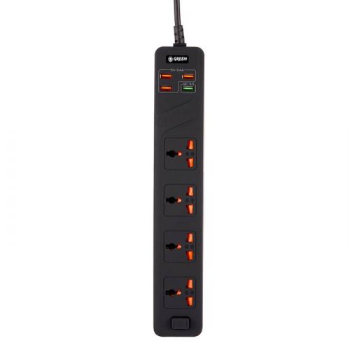 Green 4 AC 4 USB 3.4A QC3.0 Multiport Smart Power Socket 3000W - 3M -Black