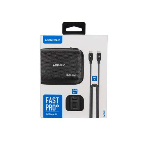 MOMAX FAST PRO GAN CHARGER KIT (CARRYING CASE + 65W 3PORT UK PLUG + TYPE-C TO TYPE-C CABLE) - BLACK