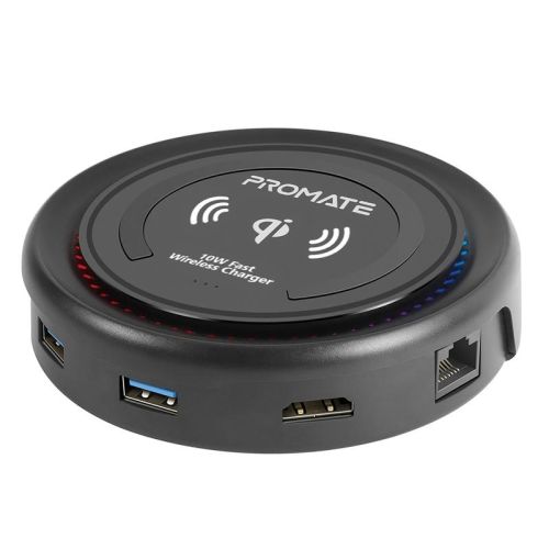Promate CenterHub All-in-One USB-C™ Hub with 100W Power Delivery & 10W Qi Wireless Charger