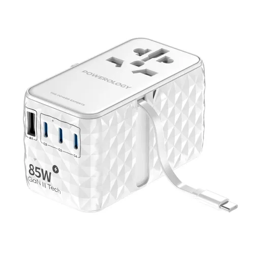 Powerology Universal Gan 85w Super Charger Retractable Type-c Cable - White
