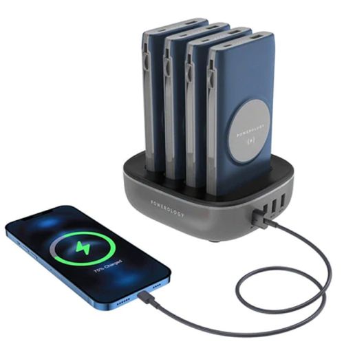 Powerology 4 in 1 Wireless Power Bank Station 10000mAh with Built-In Cable ( Lightning & Type-C ) PD 20W - Blue