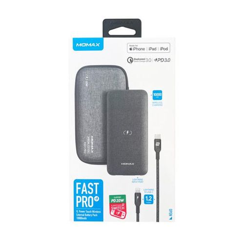 Momax Fast Pro Q.Power Touch Wireless Battery Pack 10000mAh with Lightning Cable (Dark Grey)
