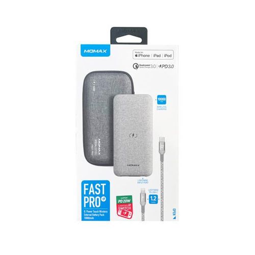 Momax Fast Pro Q.Power Touch Wireless Battery Pack 10000mAh with Lightning Cable (Light Grey)