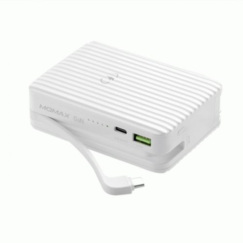 MOMAX Q. PLUG Portable 65W 15000mAh GaN Power Bank With Built-In Type C Cable - White