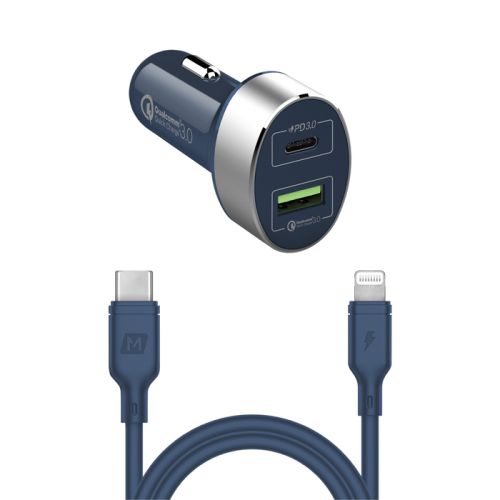 MOMAX 2 IN 1 USB-C PD Car Fast Charger 20W with Lightning Cable 1.2m - Blue