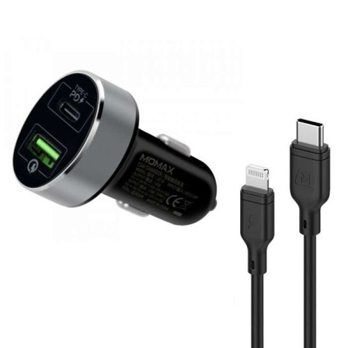 MOMAX 2 IN 1 USB-C PD Car Fast Charger 20W with Lightning Cable 1.2m - Black