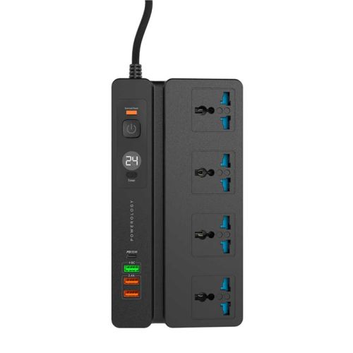 Powerology 4 AC 3 USB & USB-C PD 35W Multiport Socket with Phone Stand and Timer 3M - Black