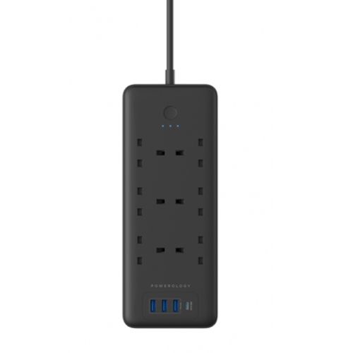 Powerology 6 AC 3 USB & USB-C PD 30W Multiport Smart Power Socket 3250W 13A 2M - Black