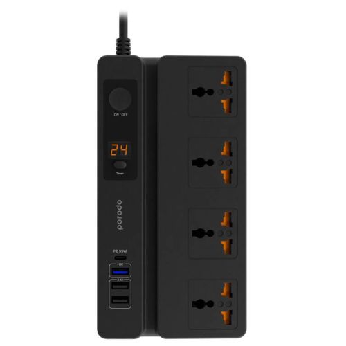 Porodo Multi-Function Power Socket - 3 USB-A and 1 USB-C PD 35W output - Black