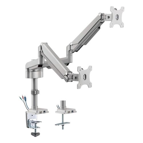 Gadgeton Pole-Mounted Dual Monitor Arm, Stand And Mount For Gaming And Office Use, 17" - 32", With USB Port Each - Silver
