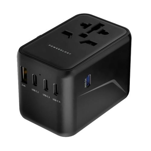 Powerology 65W PD Universal Multi-port Travel Adapter & Charger With x4 TYPE-C & One USB Port's - Black