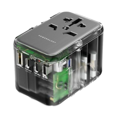 Powerology 65W PD Universal Multi-port Travel Adapter & Charger With x4 TYPE-C & One USB Port's - Transparent/Grey