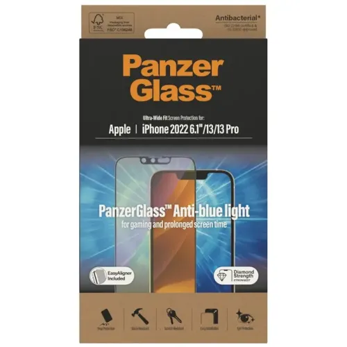 PanzerGlass iPhone 14 (6.1inch) Antibacterial Tempered Glass, Ultra Wide Fit, Anti Bluelight