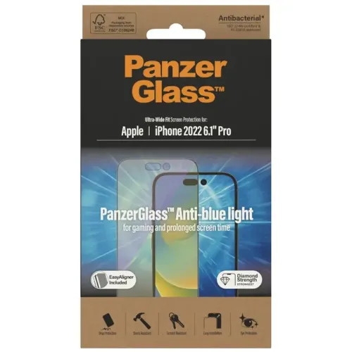 PanzerGlass iPhone 14 Pro (6.1inch) Antibacterial Tempered Glass, Ultra Wide Fit, Anti Bluelight