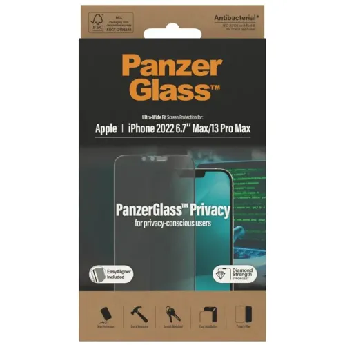 PanzerGlass iPhone 14 Max (6.7inch) Antibacterial Rimpered Glass, Ultra Wide Fit, Privacy