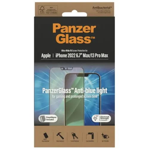 PanzerGlass iPhone 13 Max(6.7inch) Antibacterial Tempered Glass, Ultra Wide Fit, Anti Bluelight