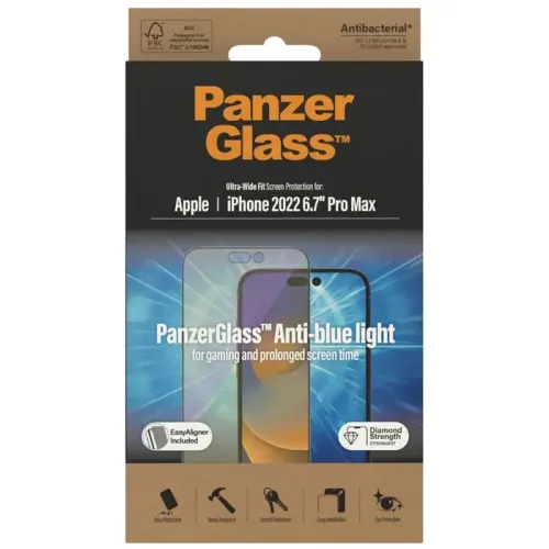 PanzerGlass iPhone 14 Pro Max (6.7inch) Antibacterial Tempered Glass, Ultra Wide Fit, Anti Bluelight