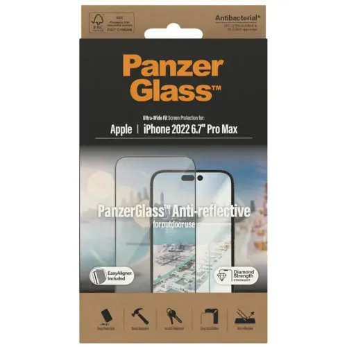 PanzerGlass iPhone 14 Pro Max (6.7inch) Antibacterial Tempered Glass, Ultra Wide Fit, Anti-Reflective