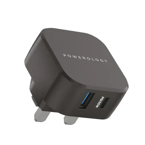 Powerology Dual Port Ultra-Compact Quick Wall Charger USB-A 18W + PD 30W - Black