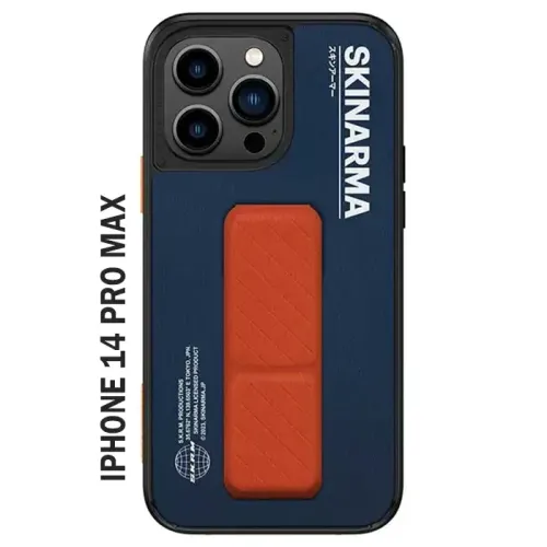 Skinarma Case For iPhone 14 Pro Max (6.7inch) - GYO With orange grip and stand - Navy Blue