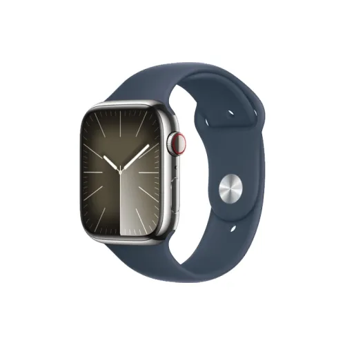 Apple Watch Series 9 Gps + Cellular 45mm Silver Stainless Steel Case With Storm Blue Sport Band - M/l