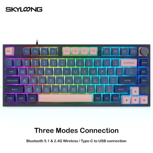 Skyloong Gk75 Three Modes Connection - Blue-pink (Mechanical & Hot-swappable Knob) Gaming Keyboard (Switch Blue)