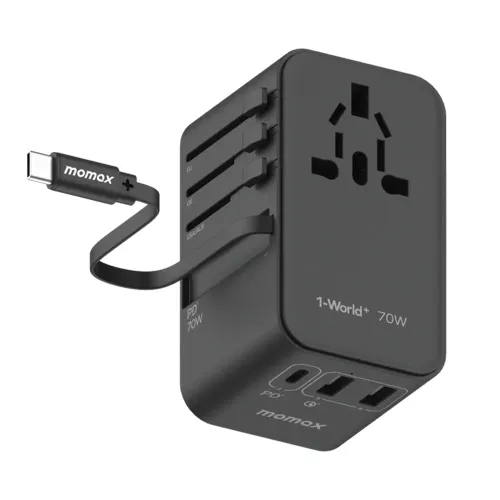 Momax World+ 3-ports Travel Charger Built-in Usb-c Cable (Gan 70w) - Black