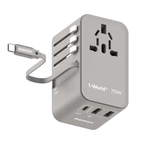 Momax World+ 3-ports Travel Charger Built-in Usb-c Cable (Gan 70w) - Grey