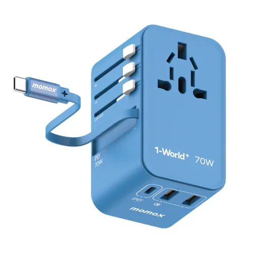 Momax World+ 3-ports Travel Charger Built-in Usb-c Cable (Gan 70w) - Blue