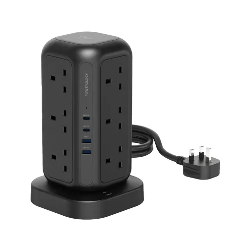 Powerology 12 Ac Sockets Gan Tower Hub - Black