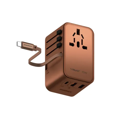 Momax 1-world + 70w Gan 3-port With Built-in Usb-c Cable + Ac Travel Adaptor - Desert Titanium