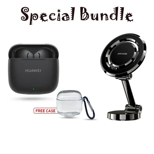 Porodo Universal Magnetic Car Mount And Huwei Freebuds Se3 - Black With Transparent Case Special Bundle