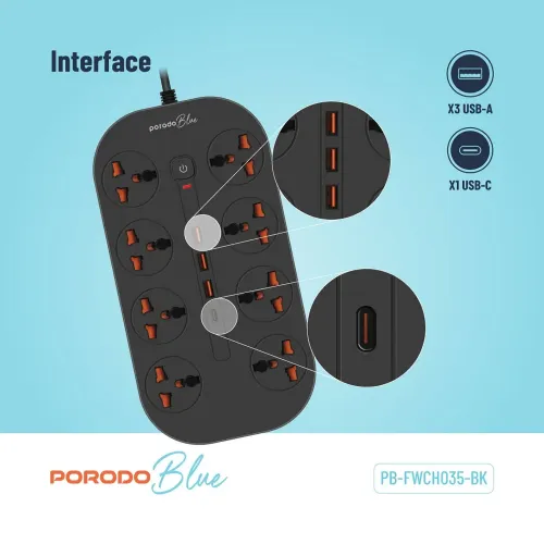 Porodo Blue 8 AC Power Strip - Black
