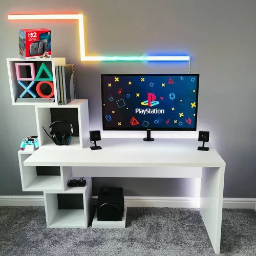Gaming Desk With Detachable Cube Shelves – White