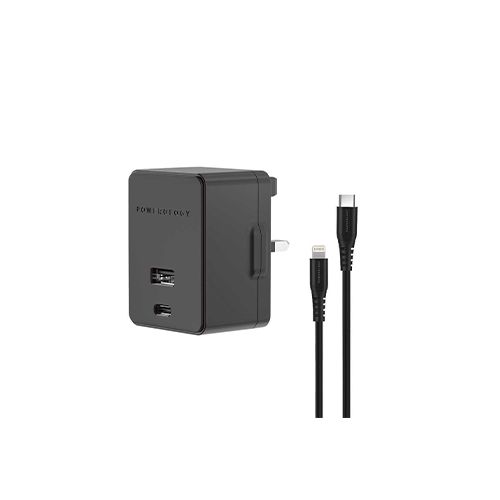 POWEROLOGY DUAL PORTS WALL CHARGER 30W USB 2.4A + PD 18W WITH TYPE-C TO LIGHTING CABLE 1.2M - BLACK