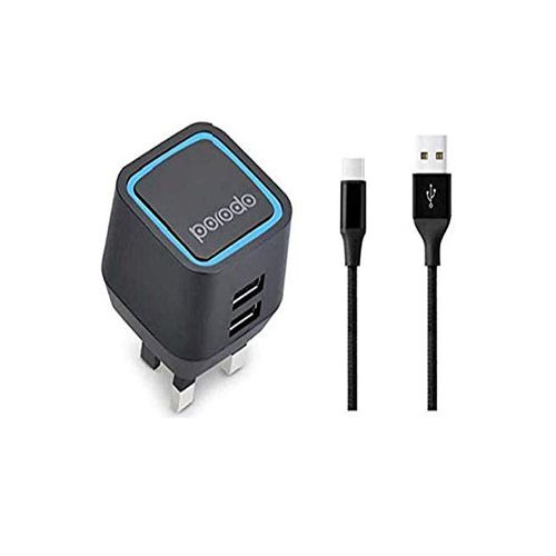 PORODO DUALUSB WALLCHARGER 2.4 ROPE TYPE C BLACK