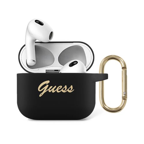 Guess Silicone Printed Script Case with Ring for Airpods 3 - Black