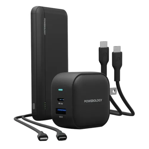 Powerology 5 In 1 Universal Power Combo 10000mah Pd Power Bank & 38w Charger World Travel Kit & Fast Charging Pvc Cable - Black