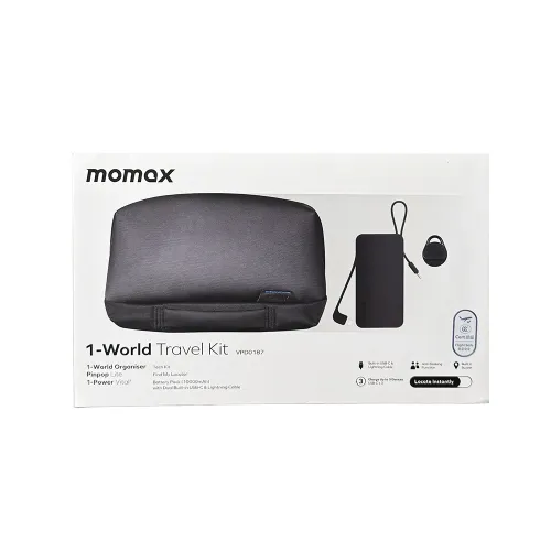MOMAX Bundle Set – Hand Pouch + 10,000mAh Power Bank with Dual Built-in Cables (Type-C & Lightning) + Momax PinTag
