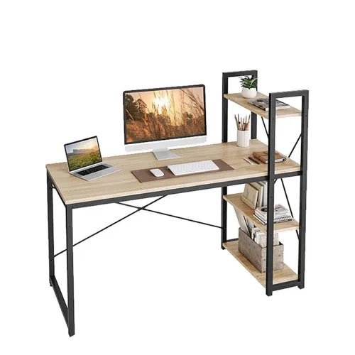 Modern Industrial Desk with 4-Tier Storage Shelves – Wood and Metal Workstation