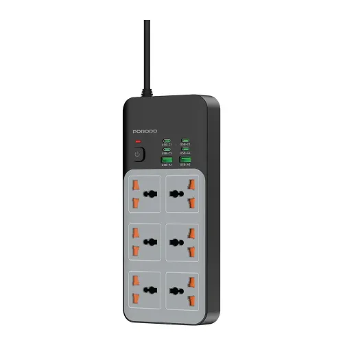 Porodo 3000W | 6AC Universal Power Strip with 6 USB Ports (4C + 2A) - Gray
