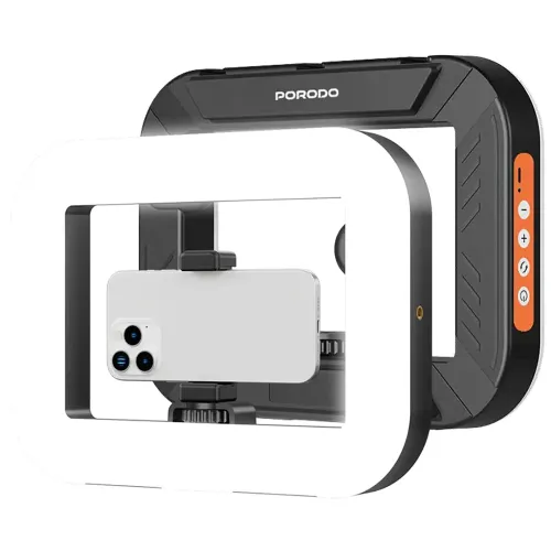 Porodo Lifestyle Handheld Ring Grip Camera & phone vlogging light with Desktop support & Phone clamp - Black