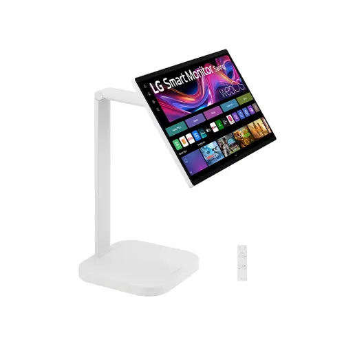 Pre Order LG 31.5-inch 4K UHD IPS Smart Monitor Swing with touchscreen, featuring a unique movable stand and webOS system
