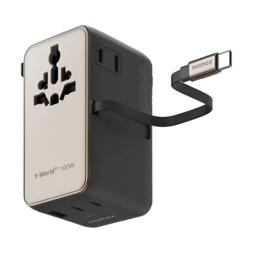 Momax 1-World²⁺ 4-Port Mini Universal Travel GaN Charger with Built-In Retractable Cable 100W with Dual AC - Titanium