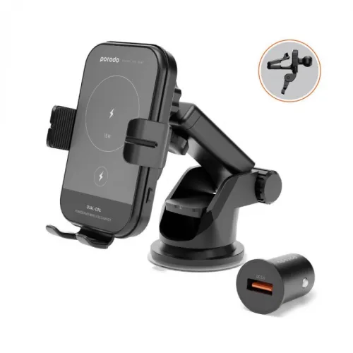 Porodo 3in1 Dual Coil Car Charger Mount Qc 3.0 With Fast Wireless Charger 15w - Black