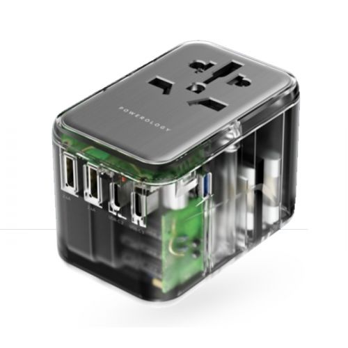 Powerology 65W PD Universal Multi-Port Travel Adapter With 3 USB-C Output 2 USB-A Ports - Transparent/Grey
