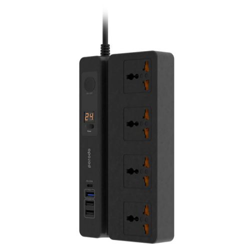 Porodo Multi-Function Power Socket - 3 USB-A and 1 USB-C PD 35W output - Black