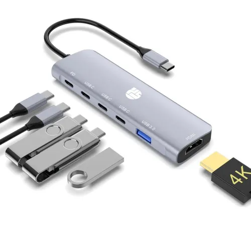 Yuanshan 6 IN 1 USB C HUB with PD 100W + 3 x Type C Data + HDMI 4K30HZ + USB A 3.0 power delivery multi port adapter
