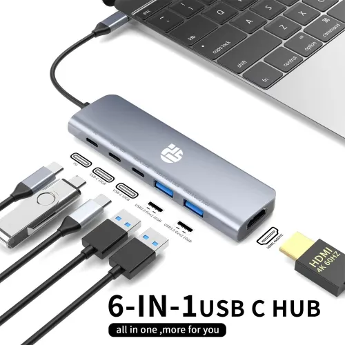 Yuanshan 6 IN 1 USB C HUB with PD 100W + 3 x Type C Data + HDMI 4K60HZ + USB A 3.1 power delivery multi port adapter