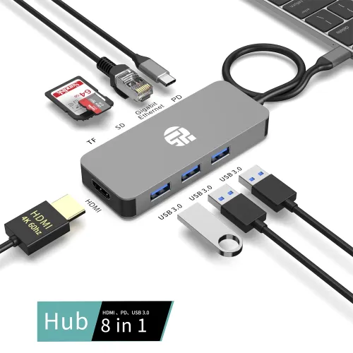 Yuanshan 8-in-1 USB-C Hub with 4K 60Hz HDMI, 100W PD Charging, Gigabit Ethernet, 10Gbps USB 3.1 Ports, SD/TF Card Reader, Multiport Docking Station